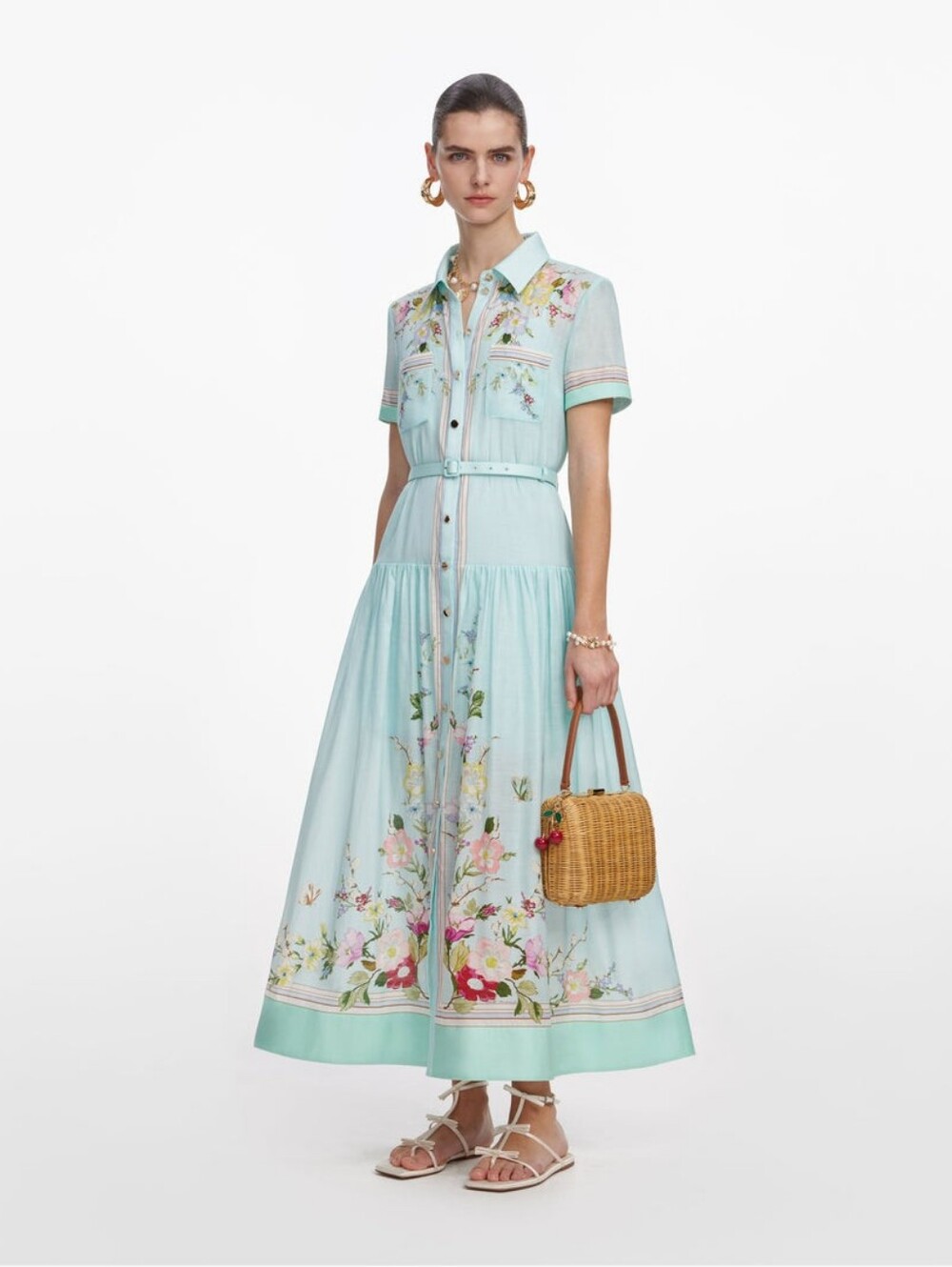 Self Portrait Mint Floral Organza Midi Dress - Picture 2 of 6